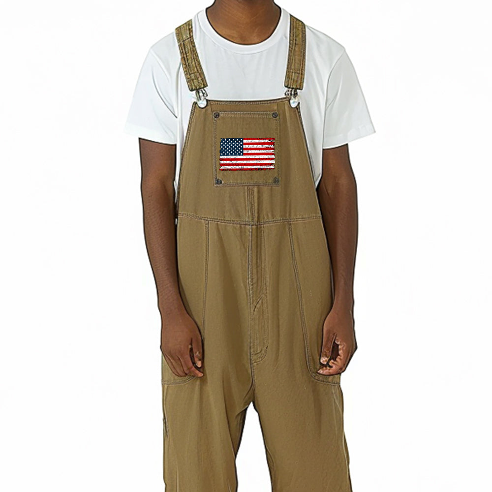 Men's American Flag Printed Casual Loose Straight Cargo Overalls