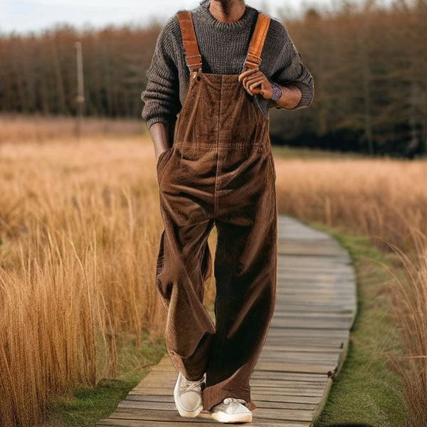 Men's Fashion Retro Contrast Color Shoulder Strap Pocket Corduroy Overalls