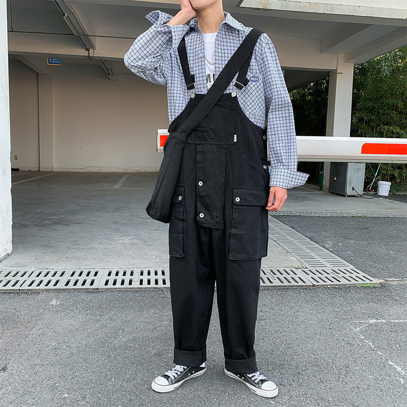 Men's Retro Overalls Loose Jumpsuit Overalls Wide Leg Solid Color Daddy Pants