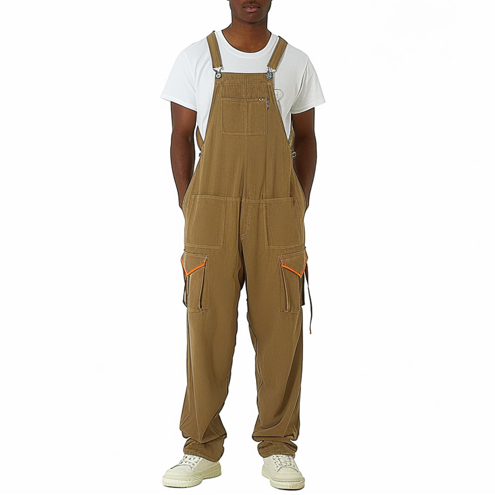 Men's Multi-Pocket Casual Loose Workwear Straight Back Belt Pants Jumpsuit