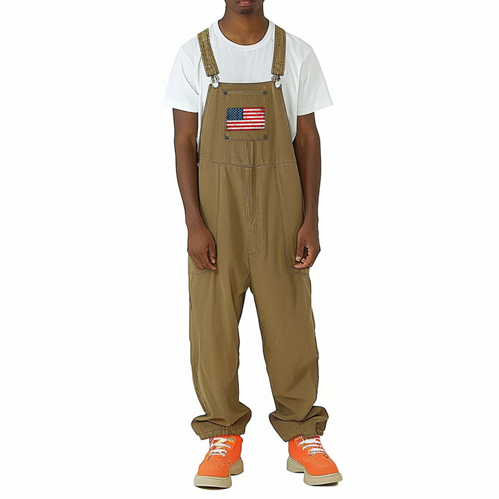 Men's American Flag Printed Casual Loose Straight Cargo Overalls